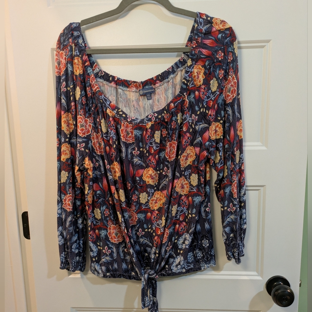 Democracy Navy Floral Tie-Front Blouse with Orange and Cream Blooms